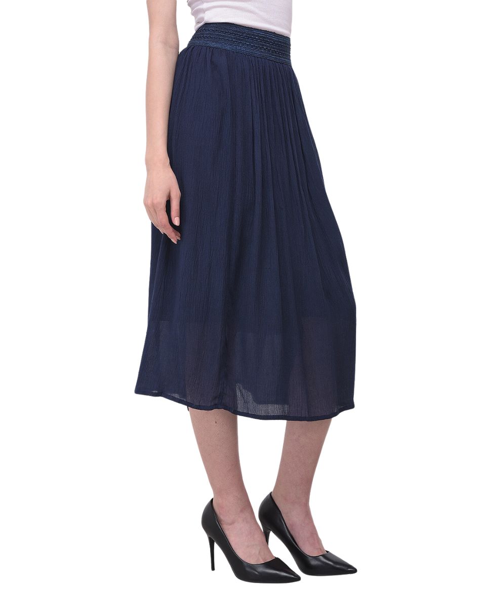 Astonishing Pleated Navy Blue Rayon Skirt For Women