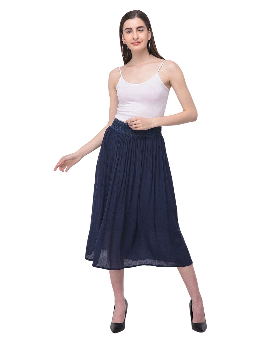 Astonishing Pleated Navy Blue Rayon Skirt For Women