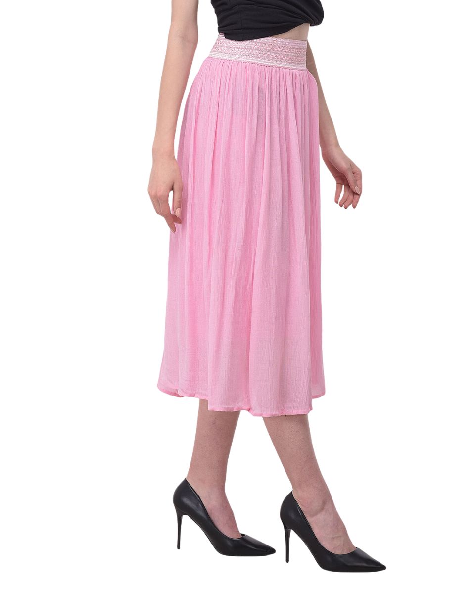 Pink Solid Rayon Gauze Pattern Skirt For Women