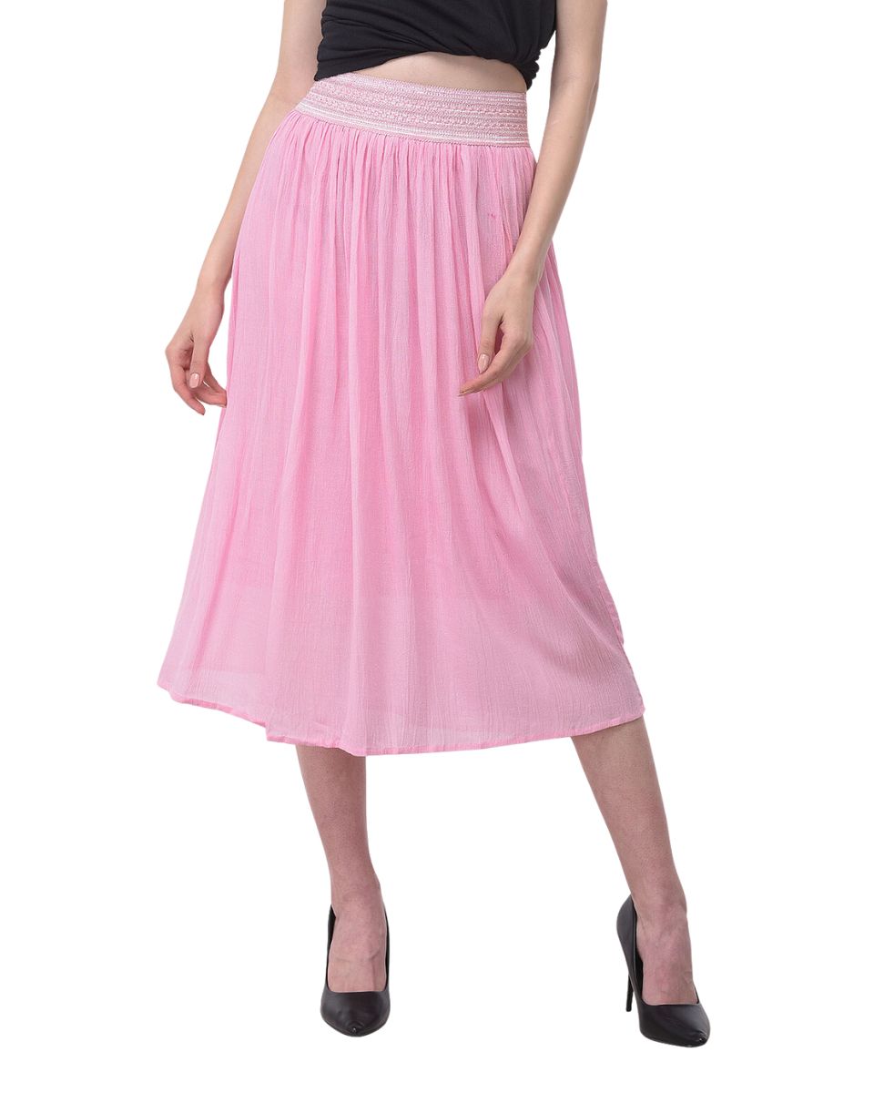 Pink Solid Rayon Gauze Pattern Skirt For Women