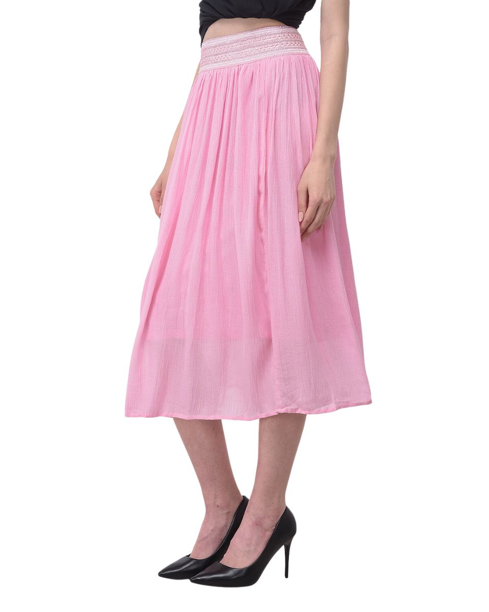 Pink Solid Rayon Gauze Pattern Skirt For Women