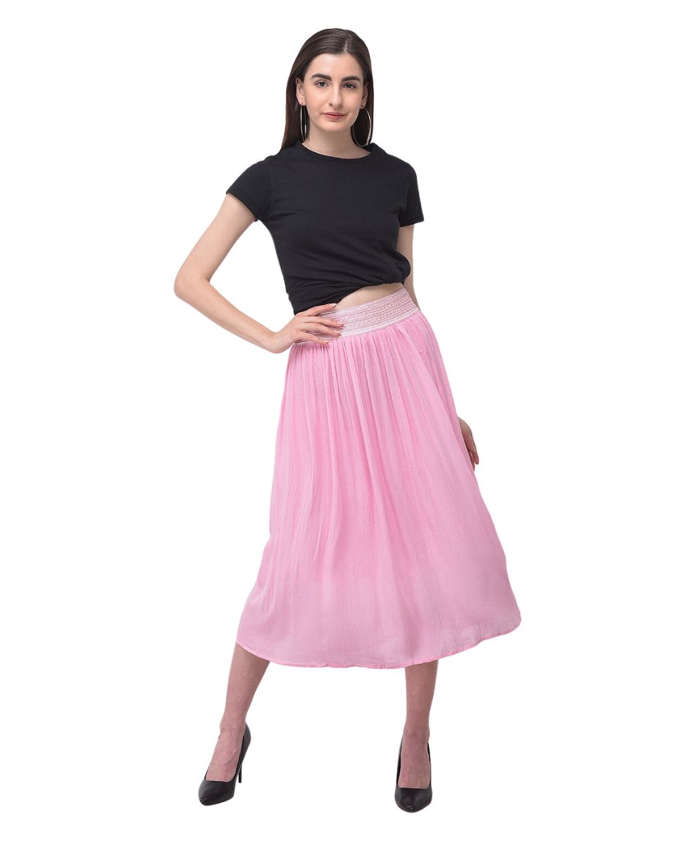 Pink Solid Rayon Gauze Pattern Skirt For Women