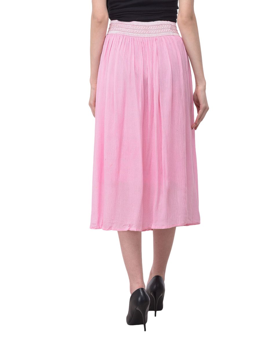 Pink Solid Rayon Gauze Pattern Skirt For Women