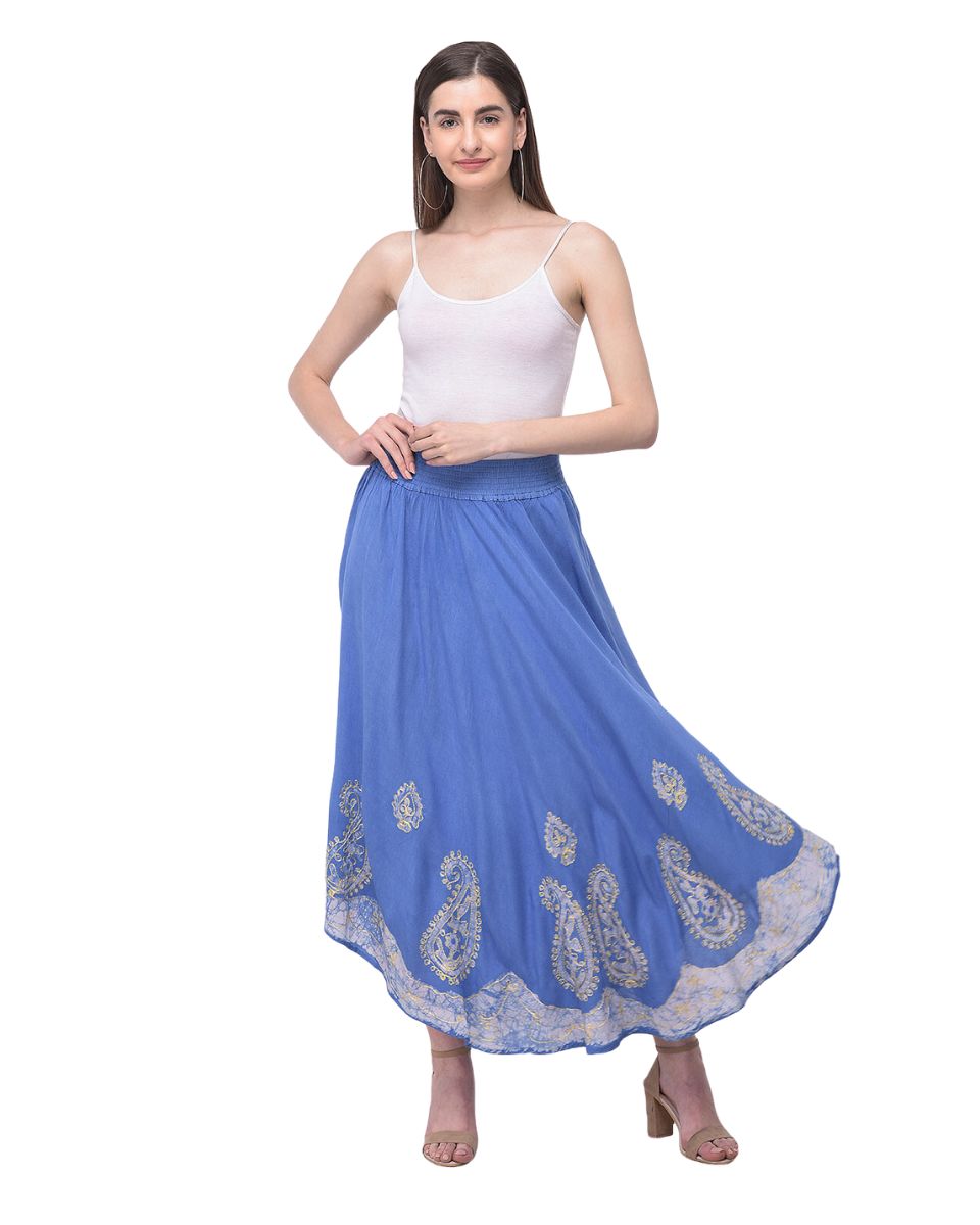 Sky Blue Paisley Soft Rayon Gauze Skirt For Women