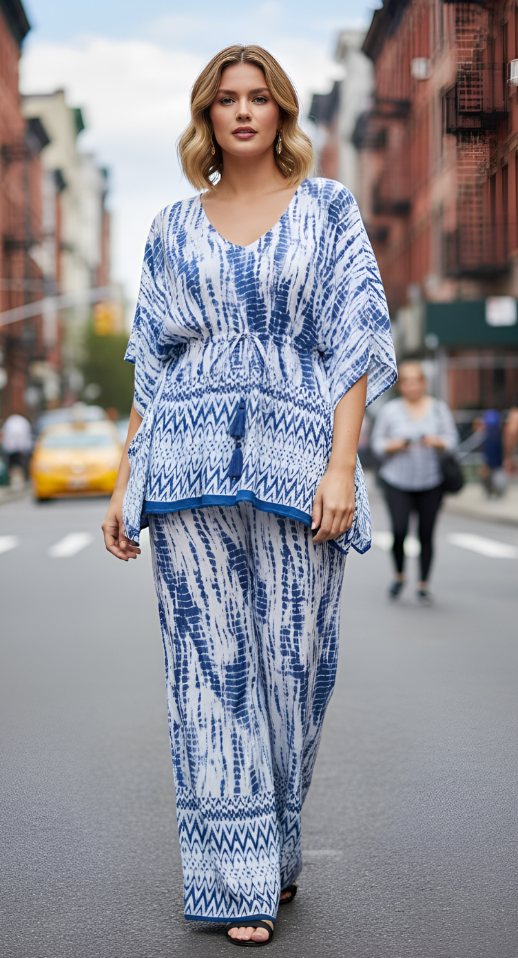 Navy Blue Cord Set With Drawstring Top And Pants For Women