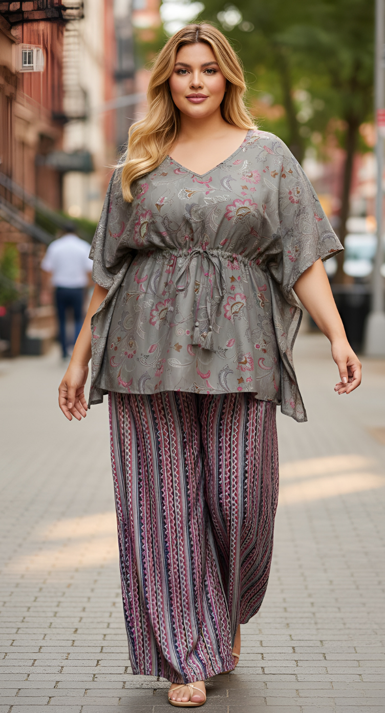 Floral Printed Gray Muslin Foil Cord Set For Women