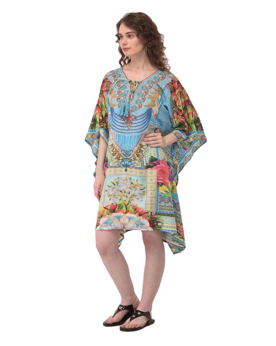 Turquoise Floral Printed Tunic For Plus Size Women