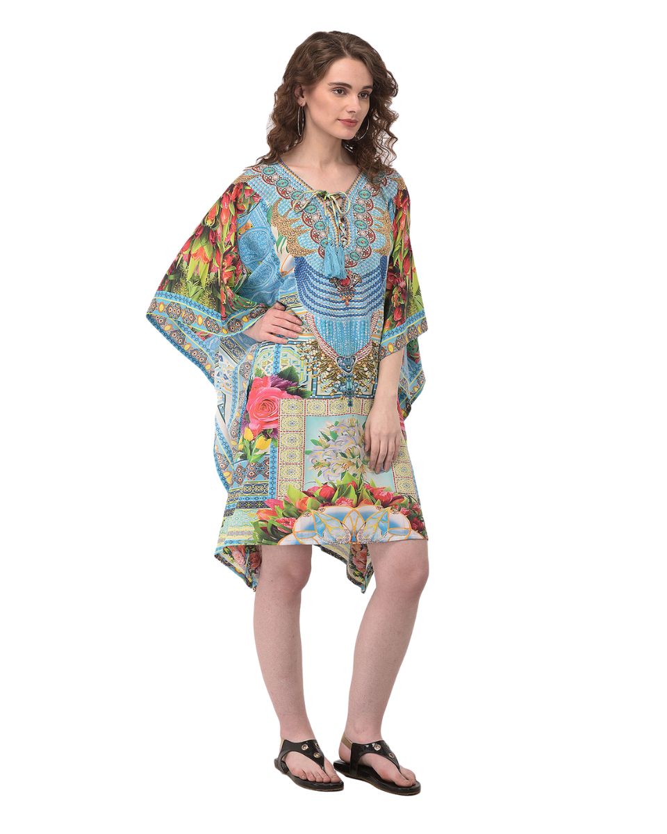 Turquoise Floral Printed Tunic For Plus Size Women