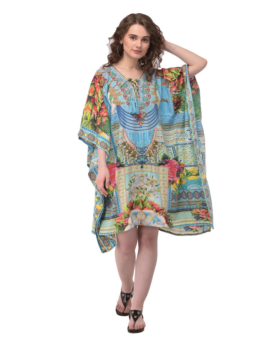 Turquoise Floral Printed Tunic For Plus Size Women