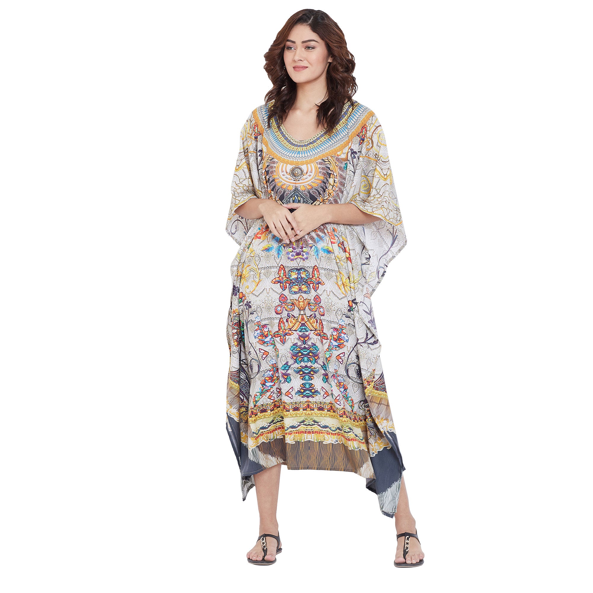 Beige Digital Print Resort Wear Hippie Boho Plus Size Kaftan For Women