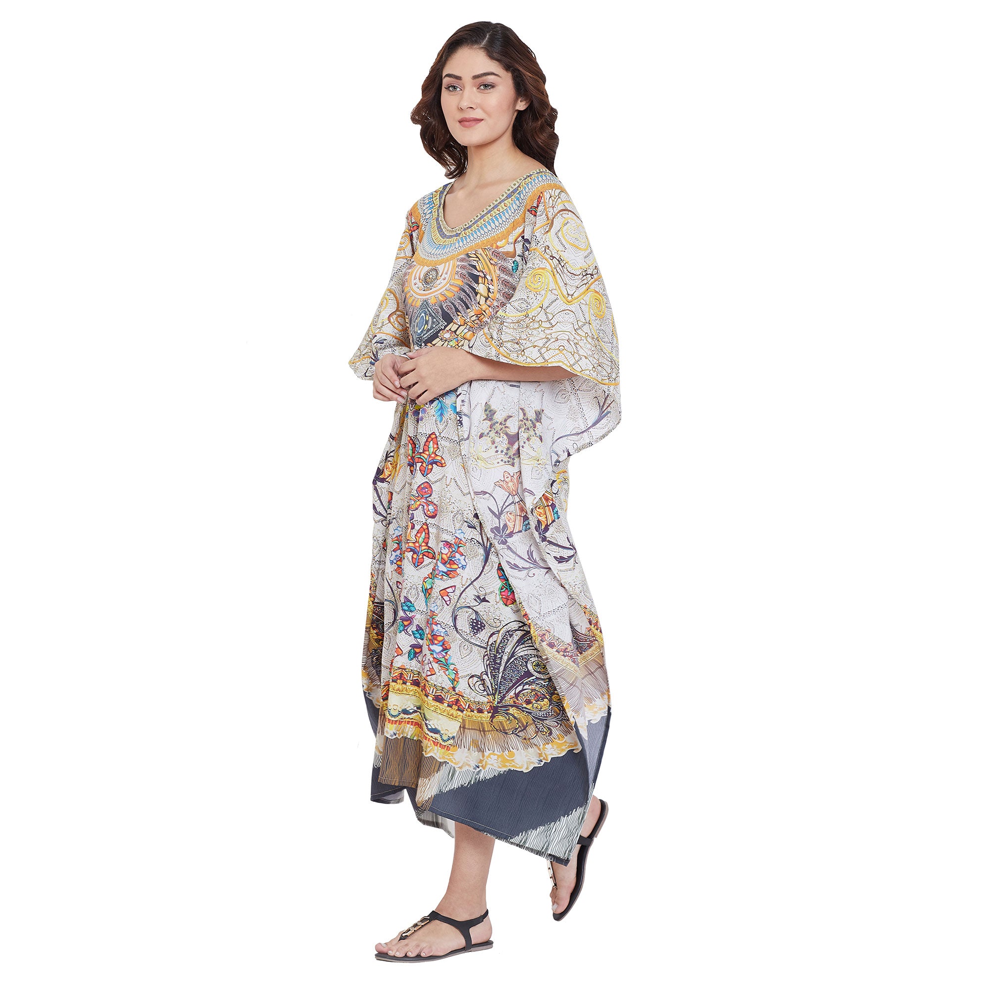 Beige Digital Print Resort Wear Hippie Boho Plus Size Kaftan For Women
