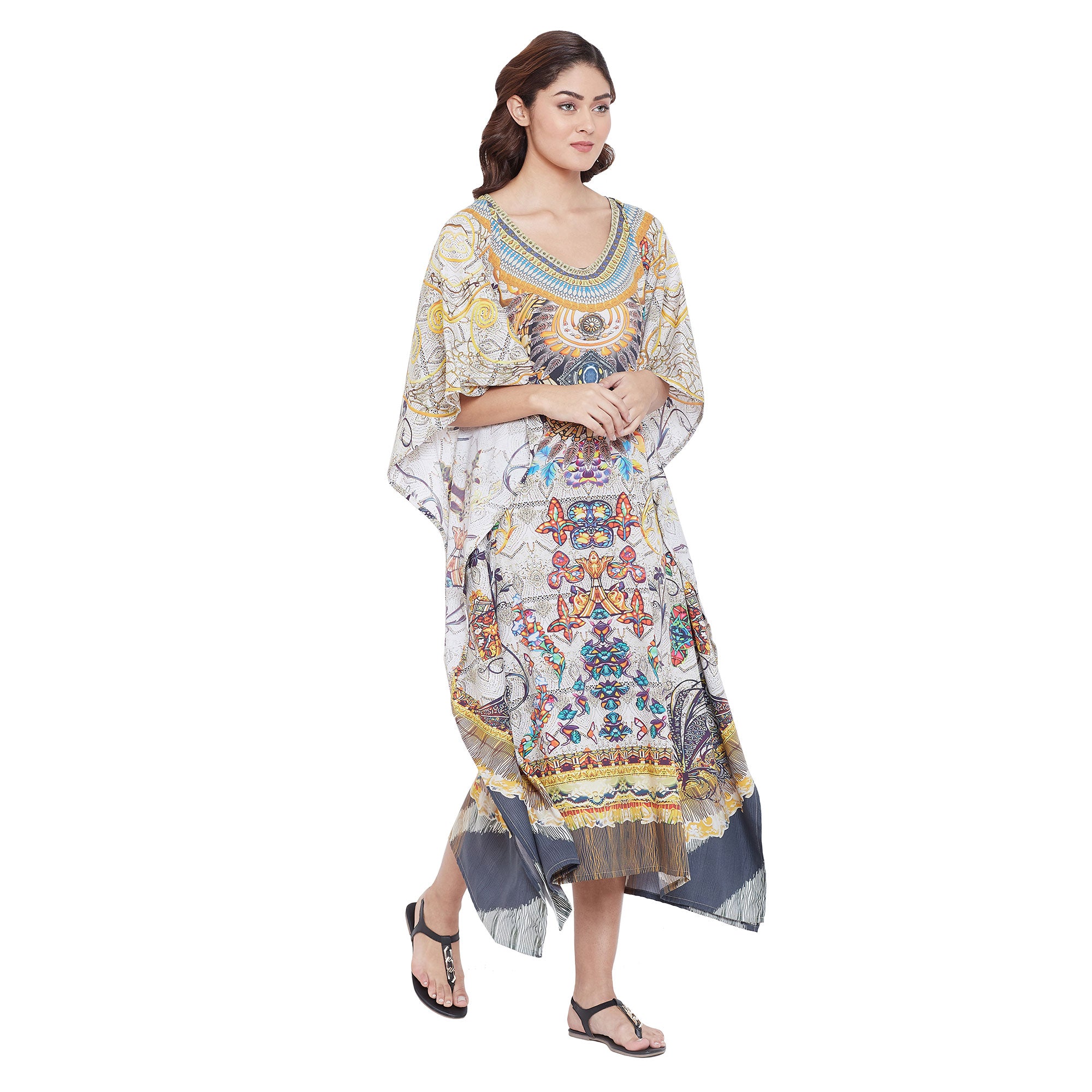 Beige Digital Print Resort Wear Hippie Boho Plus Size Kaftan For Women