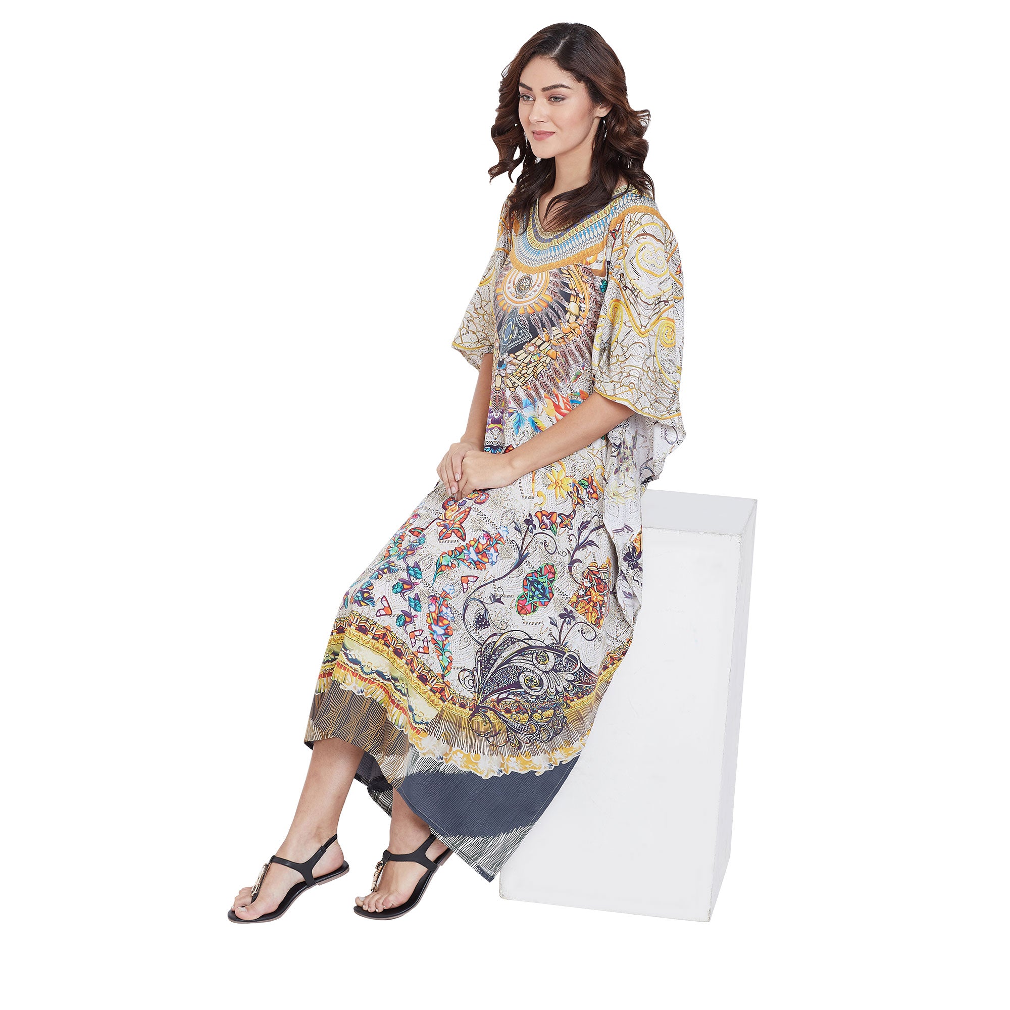 Beige Digital Print Resort Wear Hippie Boho Plus Size Kaftan For Women
