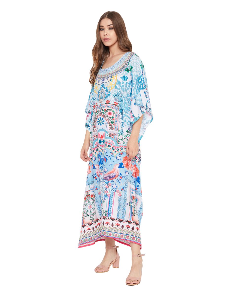 Sky Blue Digital Print Long Maxi Kaftan For Plus Size Women