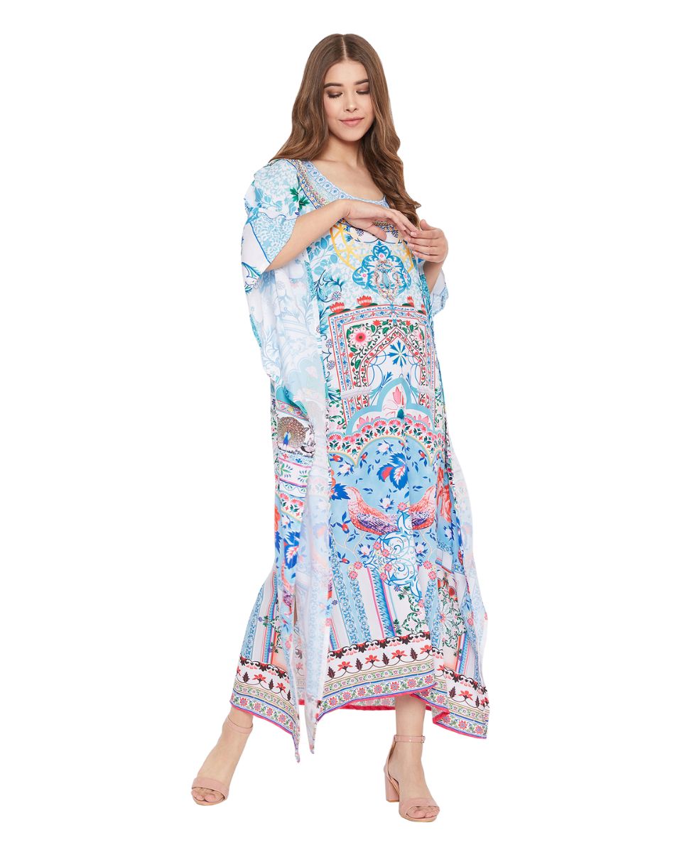 Sky Blue Digital Print Long Maxi Kaftan For Plus Size Women