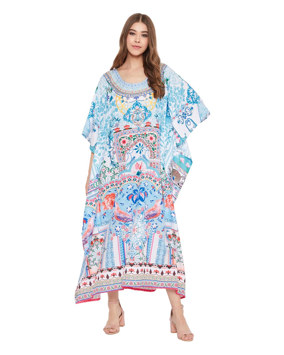 Sky Blue Digital Print Long Maxi Kaftan For Plus Size Women