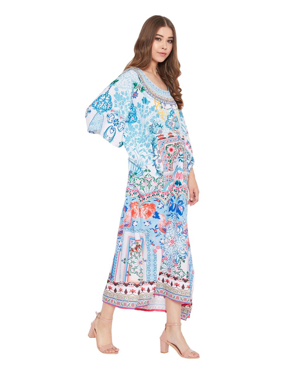 Sky Blue Digital Print Long Maxi Kaftan For Plus Size Women