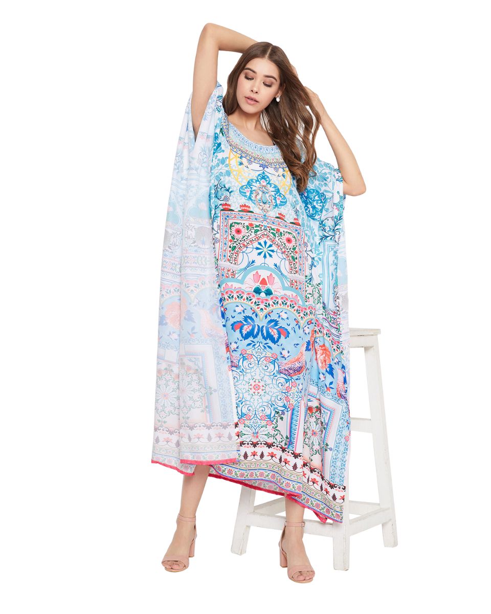 Sky Blue Digital Print Long Maxi Kaftan For Plus Size Women