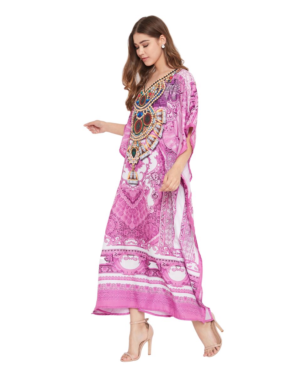 Pink Floral Print Plus Size Resort Wear Caftan For Women