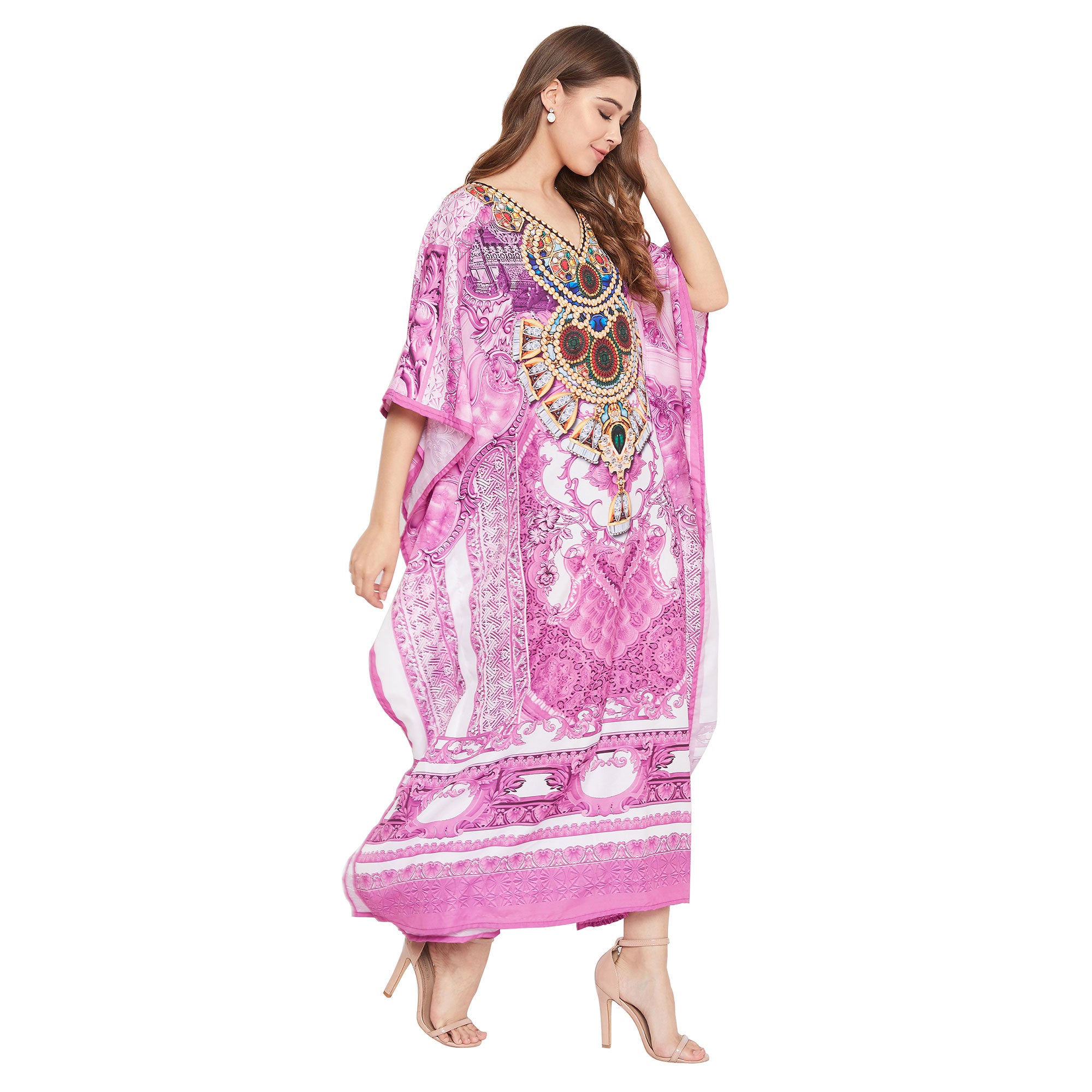 Pink Floral Print Plus Size Resort Wear Caftan For Women