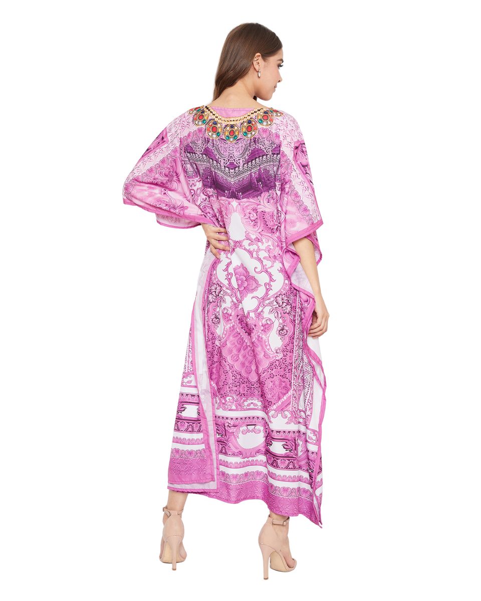 Pink Floral Print Plus Size Resort Wear Caftan For Women