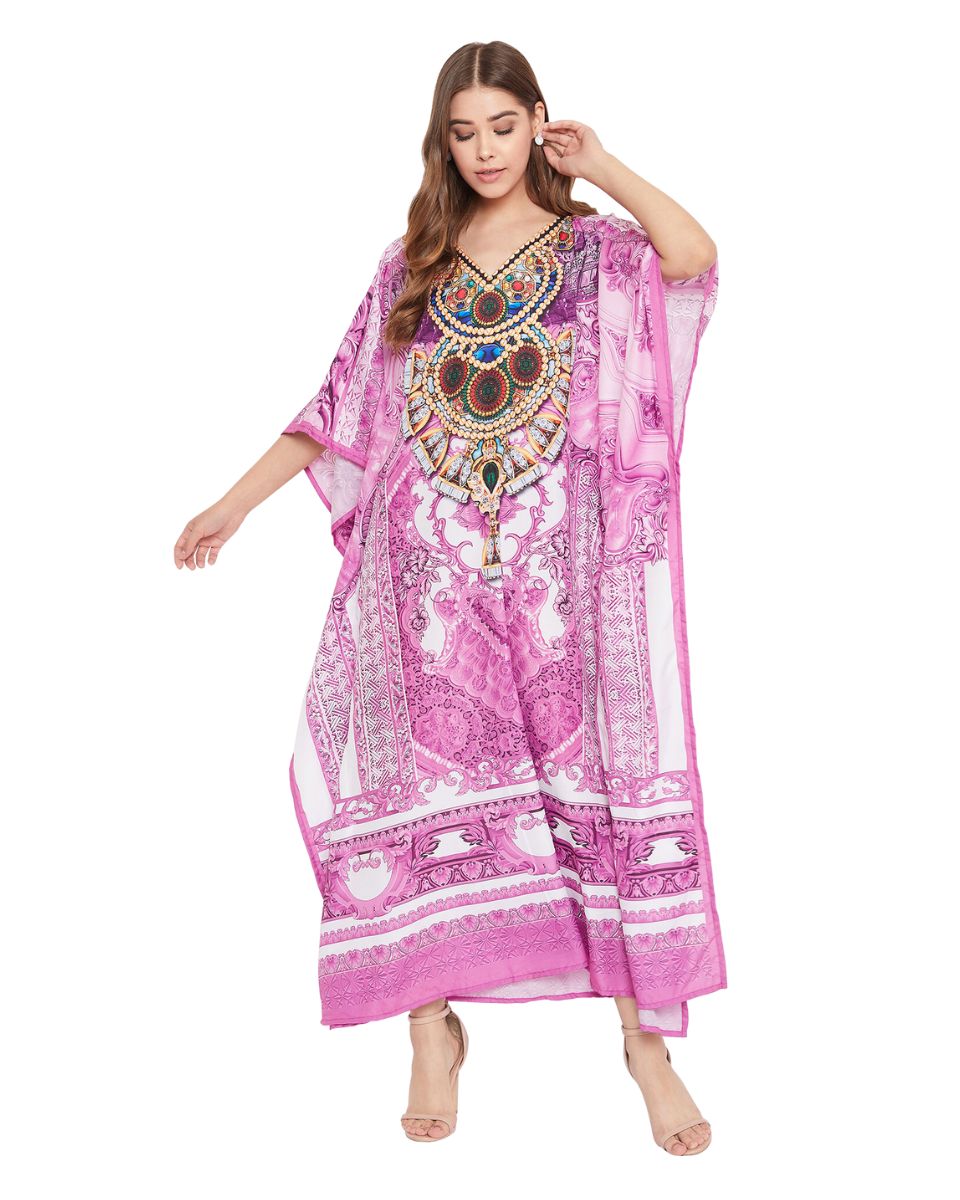 Pink Floral Print Plus Size Resort Wear Caftan For Women