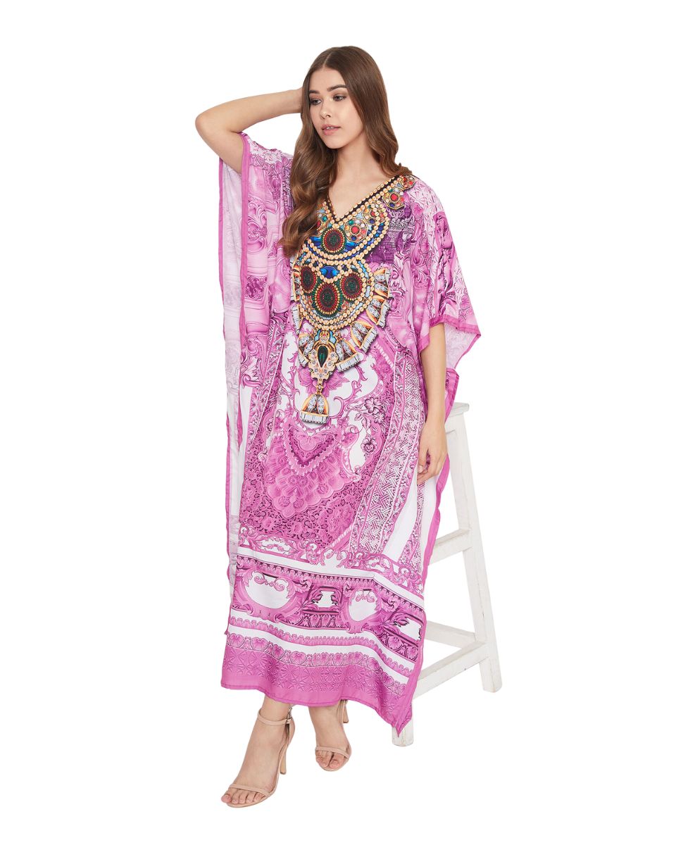 Pink Floral Print Plus Size Resort Wear Caftan For Women