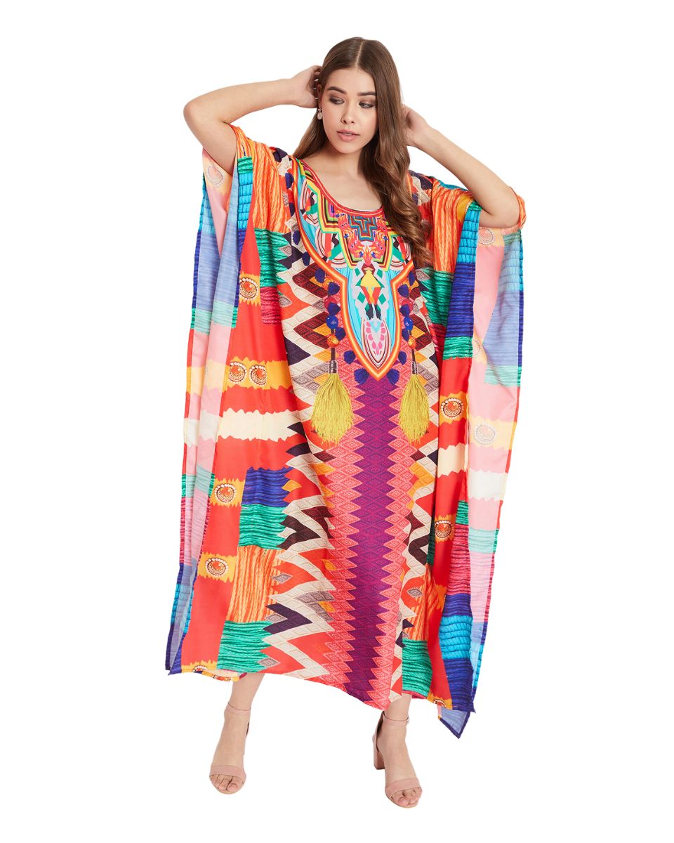 Multicolor Geometric Print Polyester Resort Kaftan For Plus Size Women