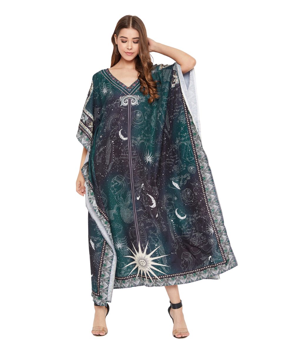 Teal Zodiac Pattern Polyester Kaftan For Plus Size Women