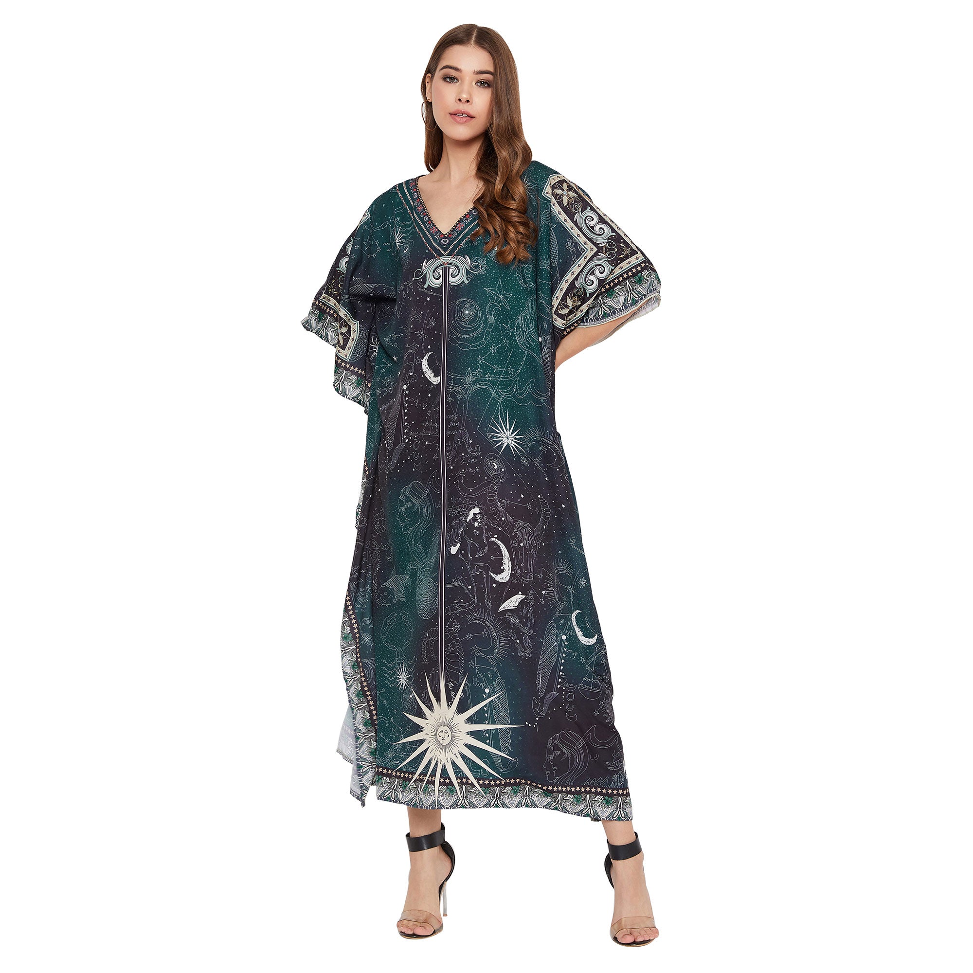 Teal Zodiac Pattern Polyester Kaftan For Plus Size Women
