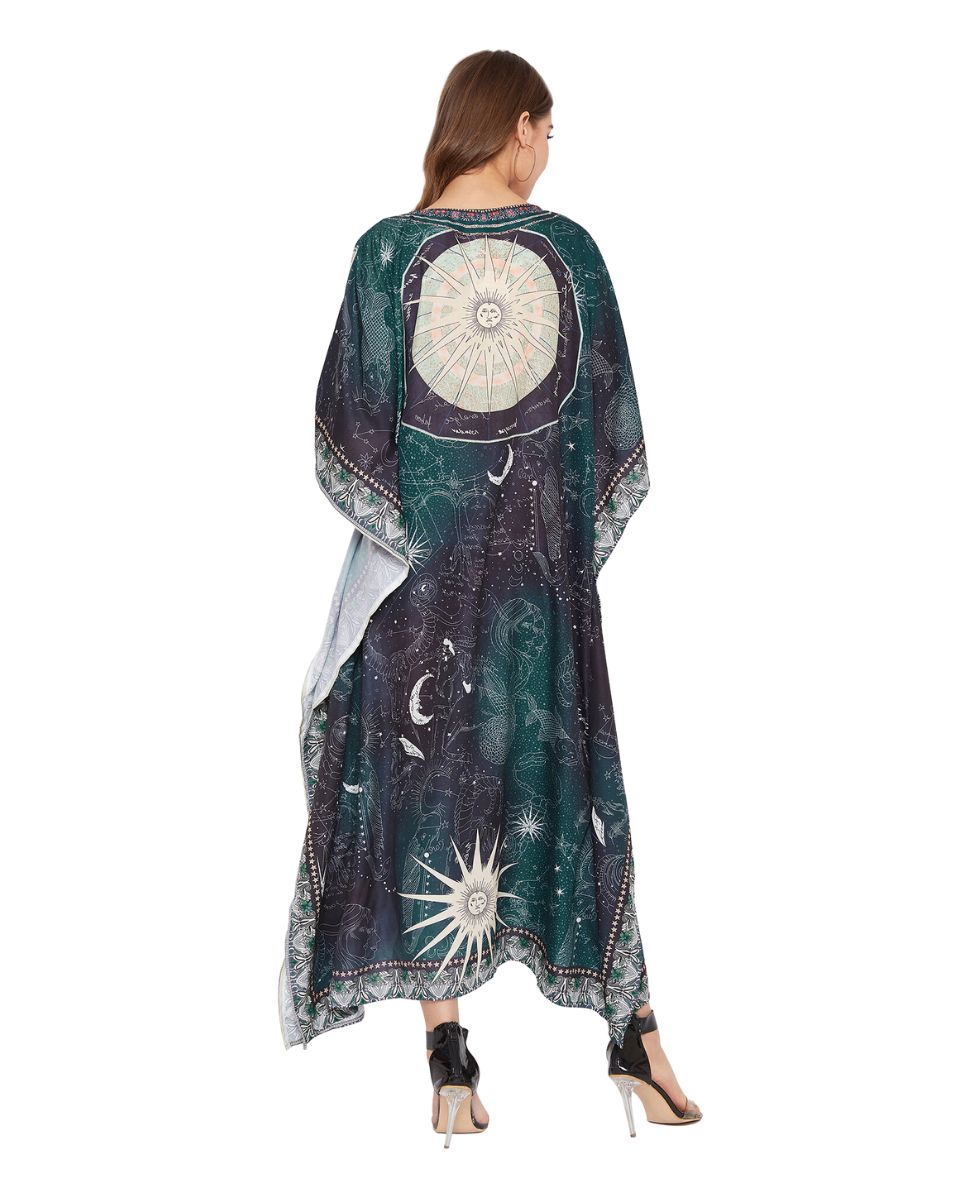 Teal Zodiac Pattern Polyester Kaftan For Plus Size Women