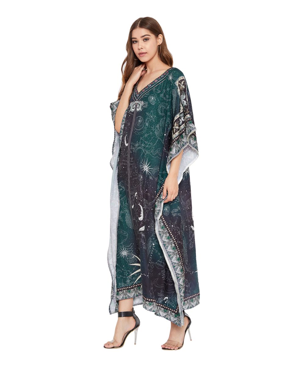 Teal Zodiac Pattern Polyester Kaftan For Plus Size Women