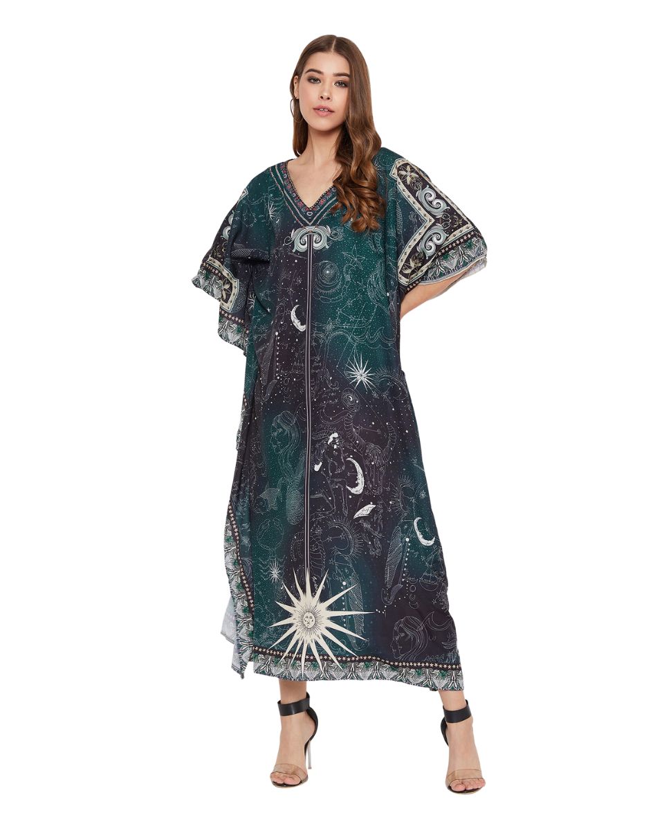 Teal Zodiac Pattern Polyester Kaftan For Plus Size Women