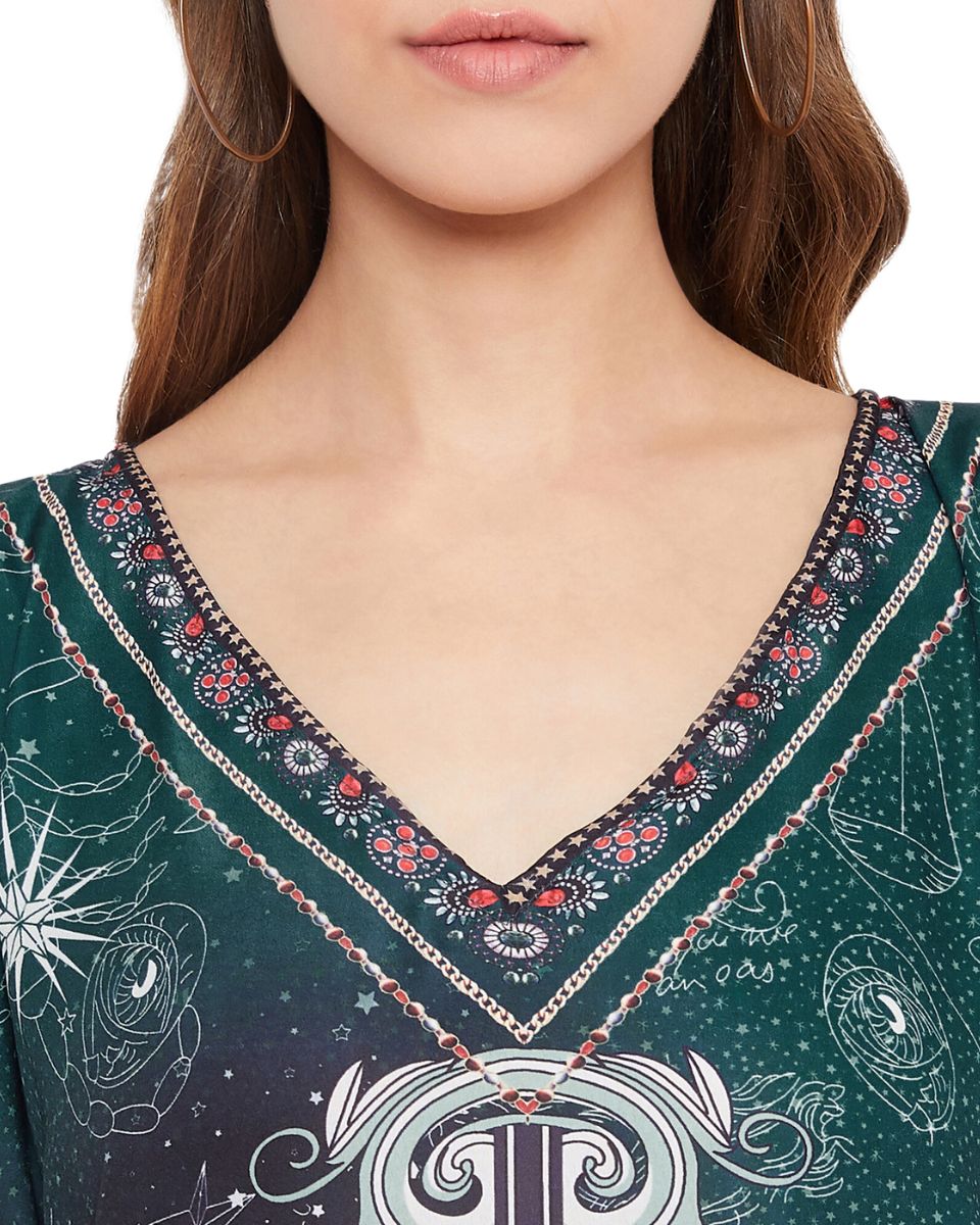 Teal Zodiac Pattern Polyester Kaftan For Plus Size Women