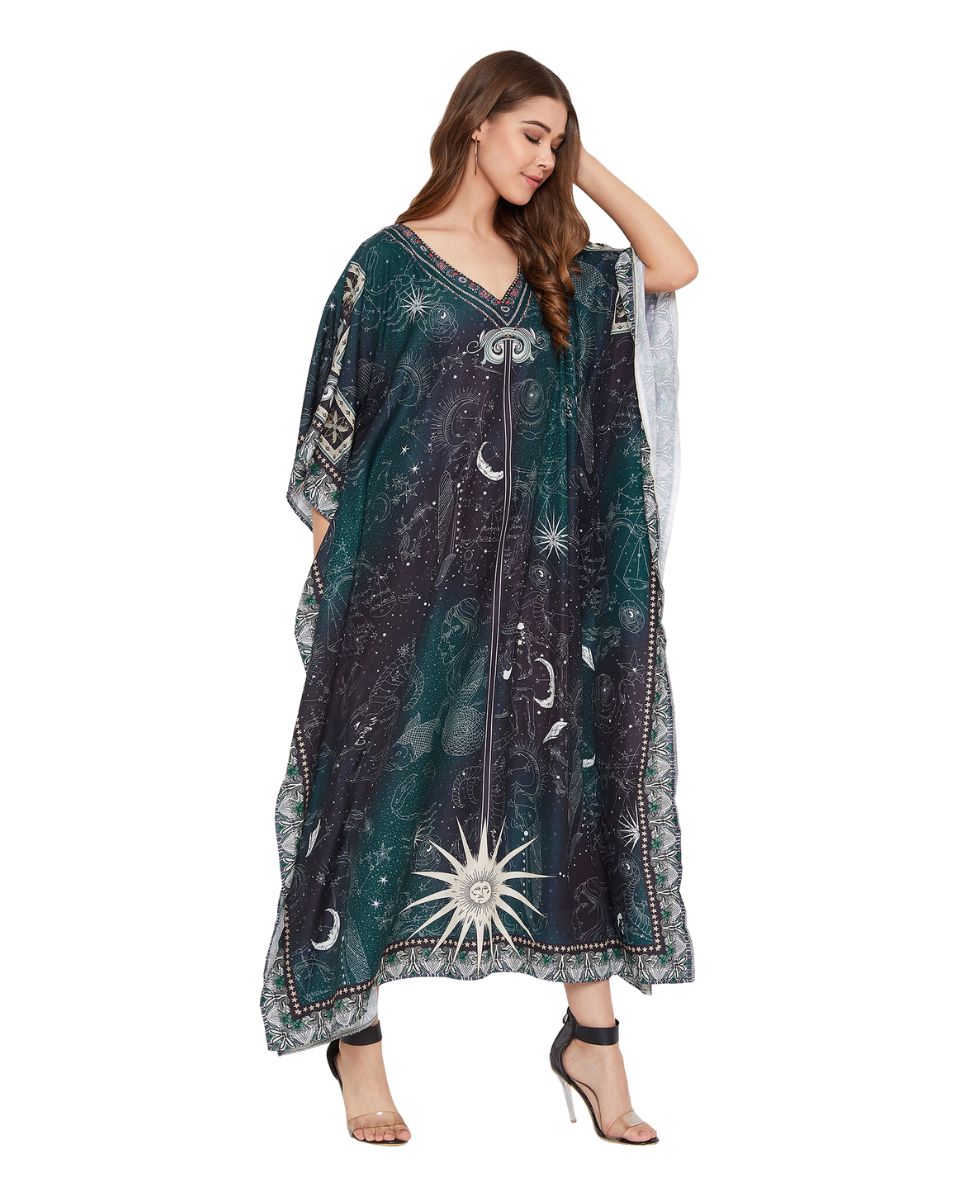 Teal Zodiac Pattern Polyester Kaftan For Plus Size Women