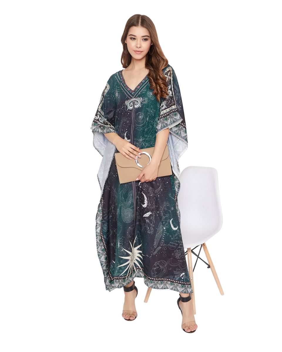 Teal Zodiac Pattern Polyester Kaftan For Plus Size Women