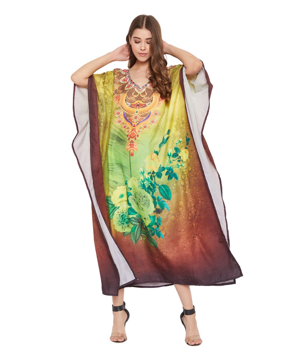 Brown Floral Digital Print Plus Size Polyester Kaftan For Women