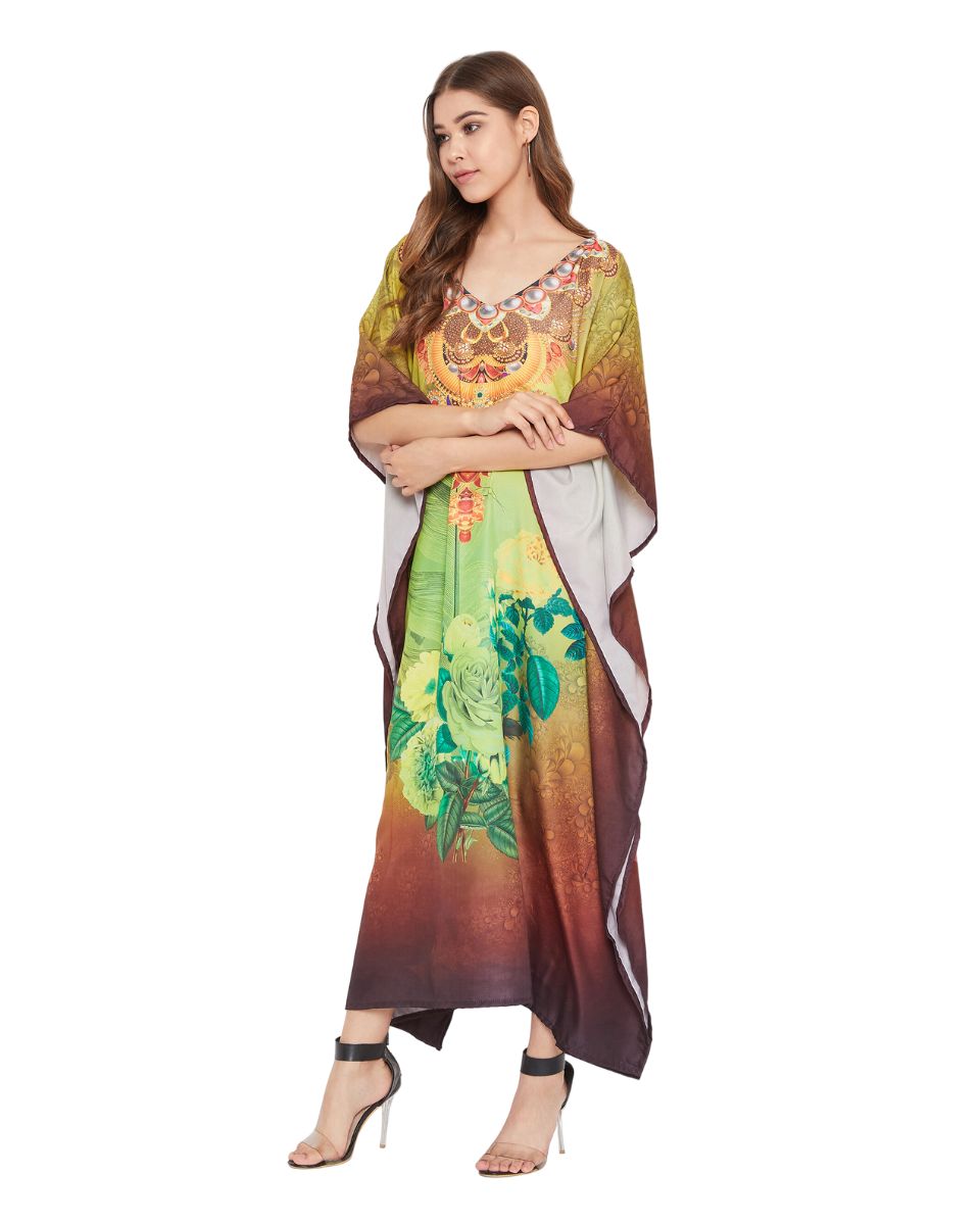 Brown Floral Digital Print Plus Size Polyester Kaftan For Women