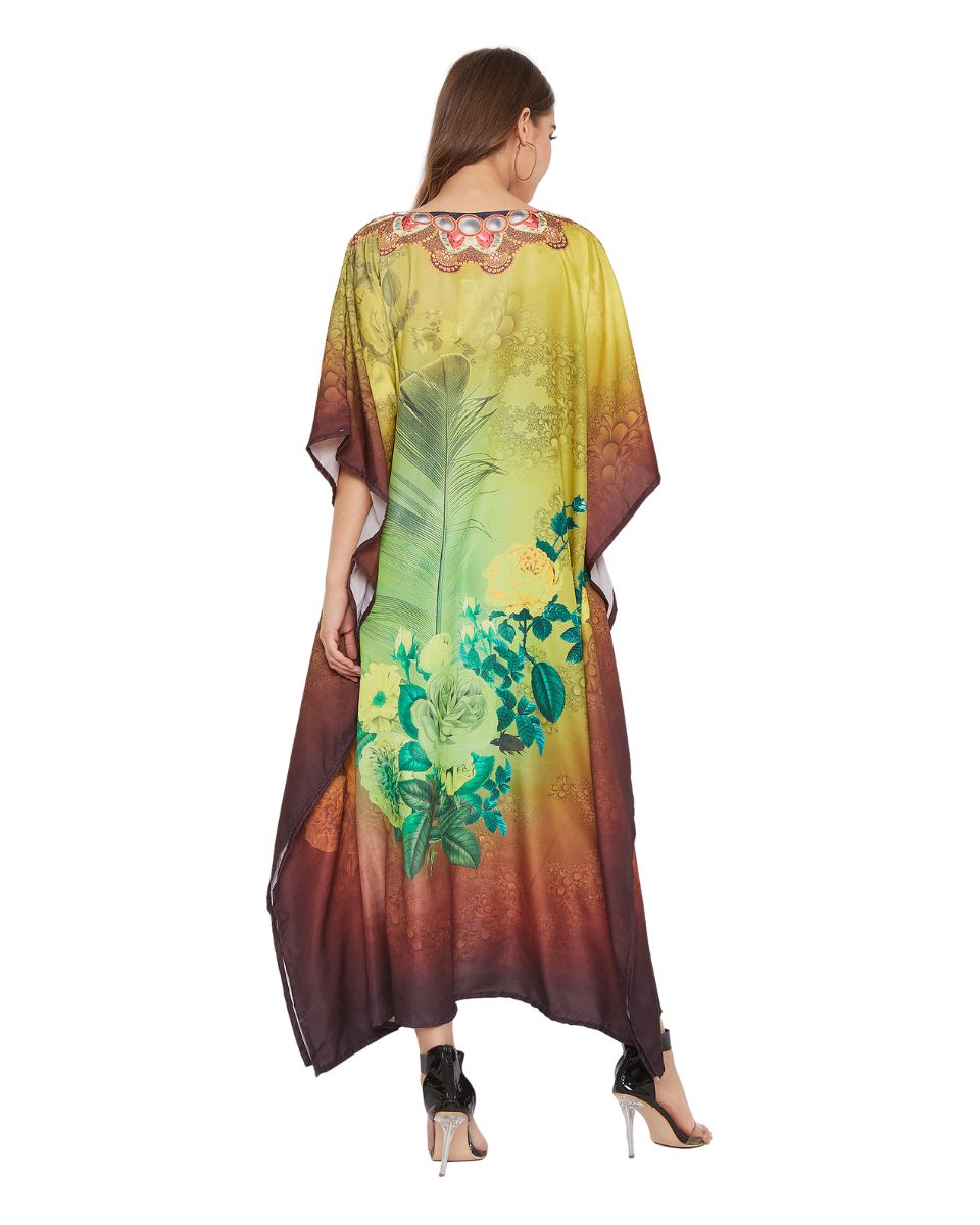 Brown Floral Digital Print Plus Size Polyester Kaftan For Women