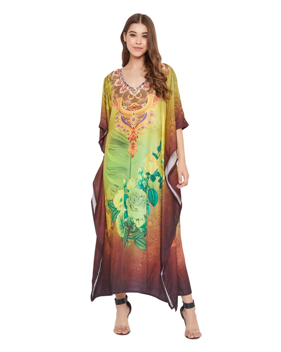 Brown Floral Digital Print Plus Size Polyester Kaftan For Women