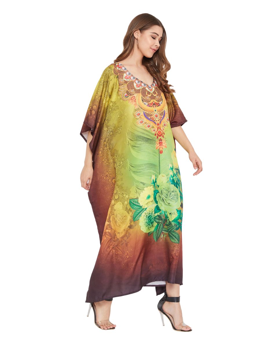 Brown Floral Digital Print Plus Size Polyester Kaftan For Women