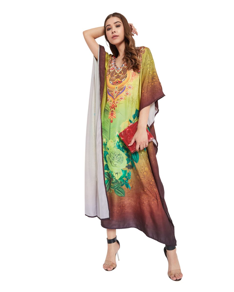 Brown Floral Digital Print Plus Size Polyester Kaftan For Women