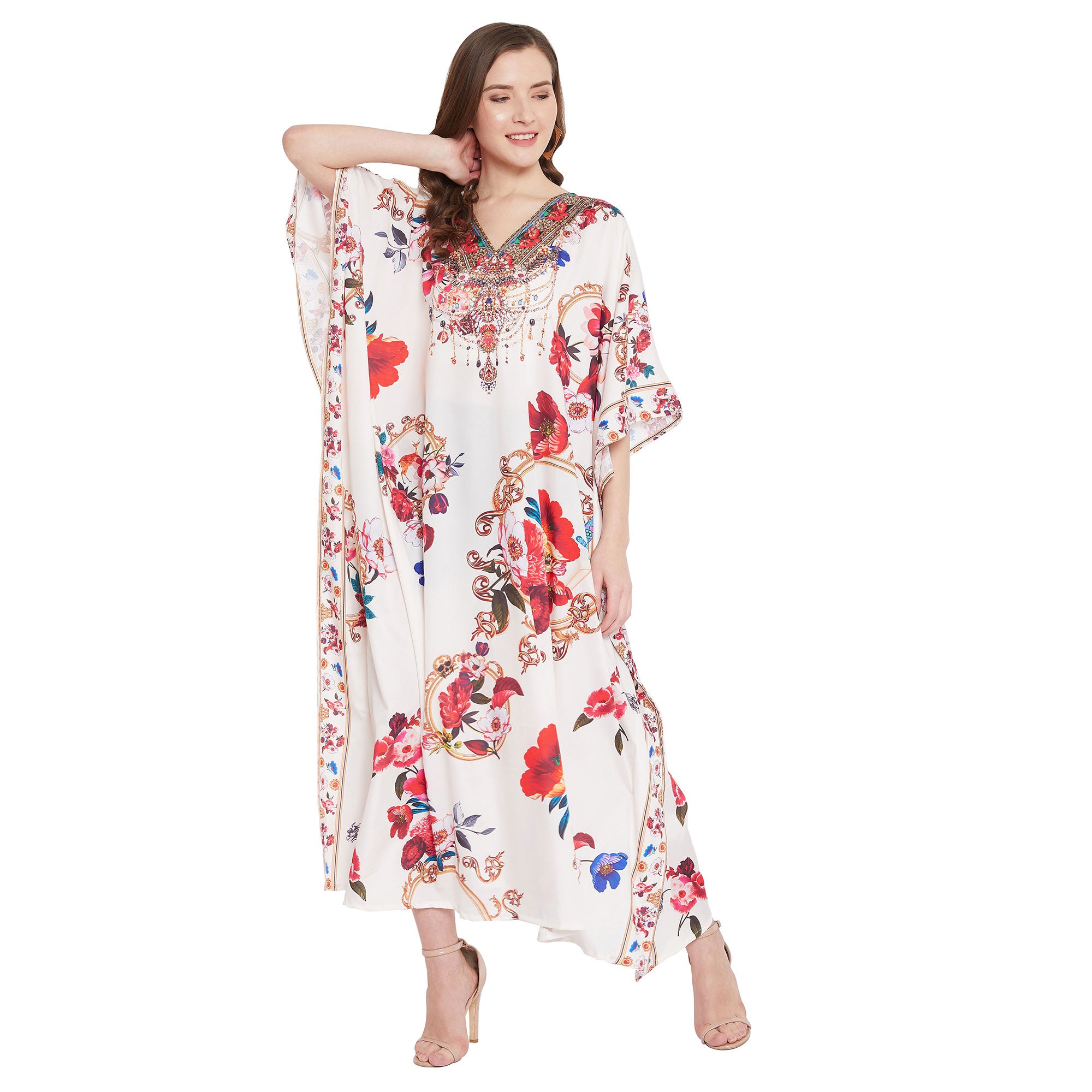 Multicolor Polyester Floral Caftan Dress For Plus Size Women