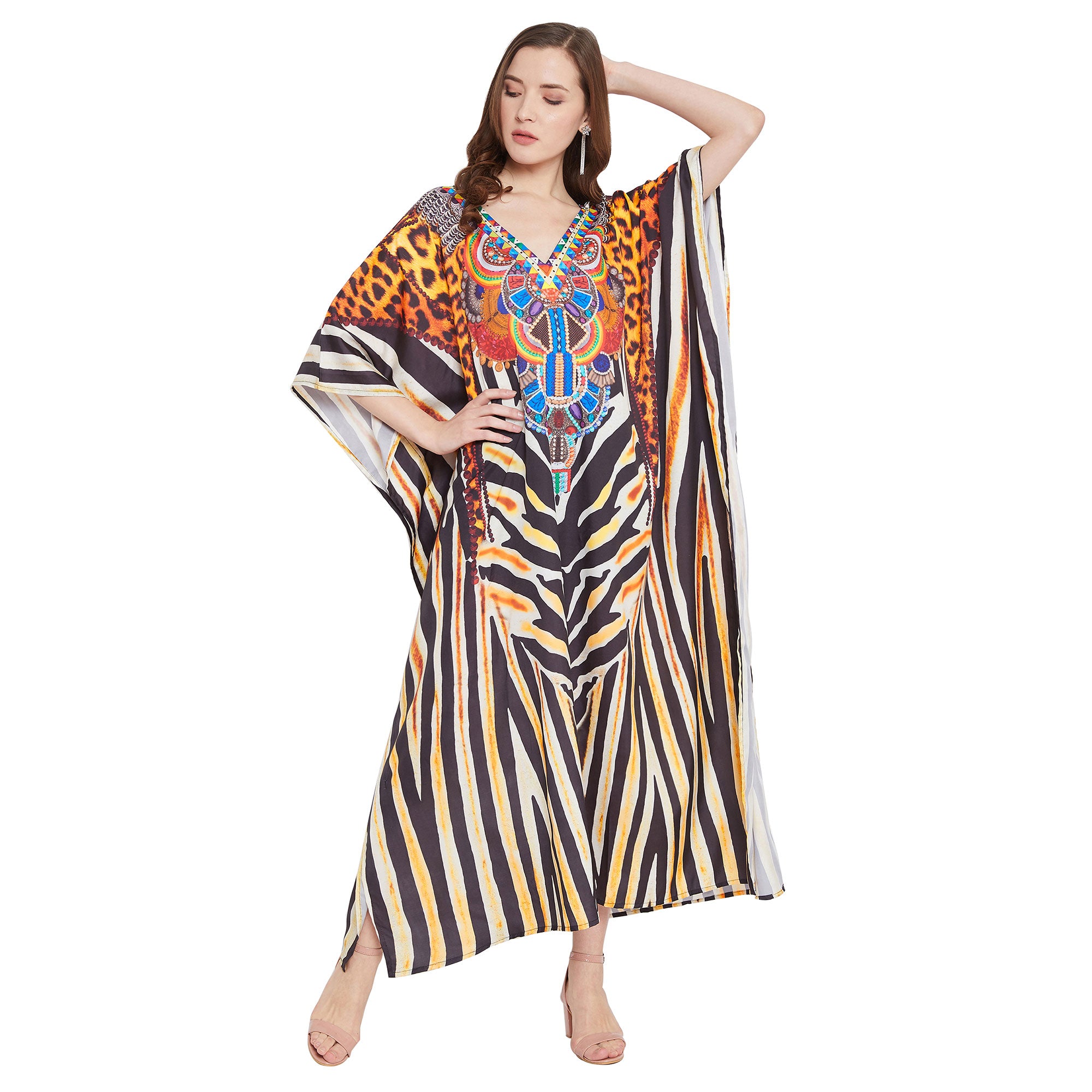 Leopard Print Yellow Boho Plus Size Polyester Kaftan For Women