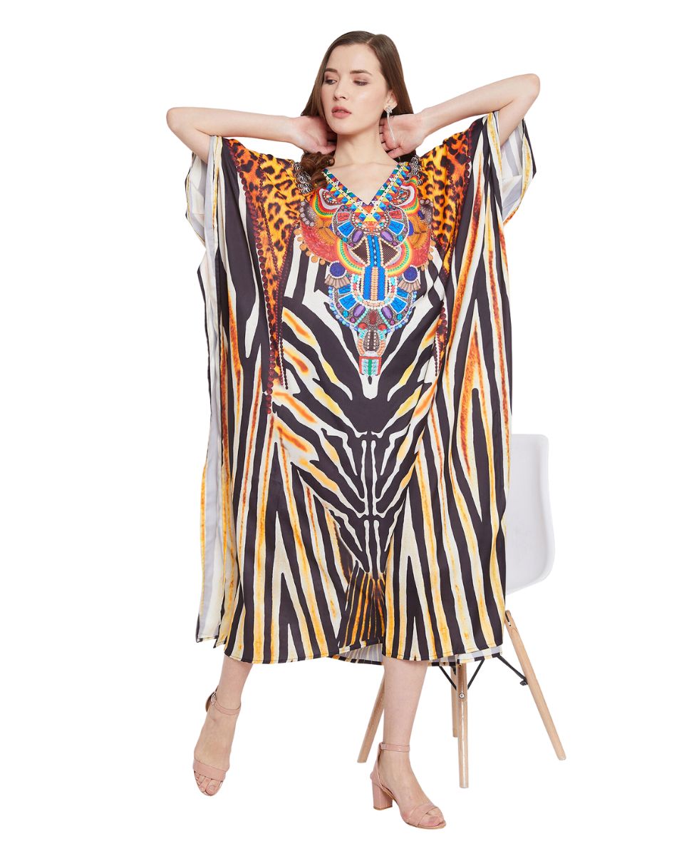 Leopard Print Yellow Boho Plus Size Polyester Kaftan For Women