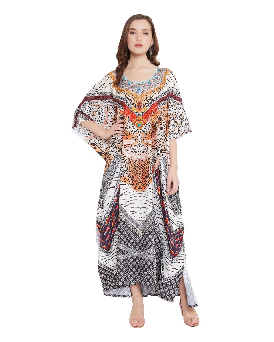 Long Leopard Multicolor Polyester Kaftan For Plus Size Women