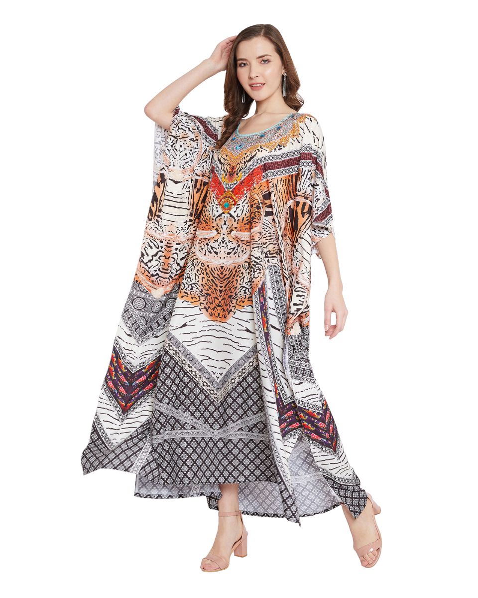 Long Leopard Multicolor Polyester Kaftan For Plus Size Women