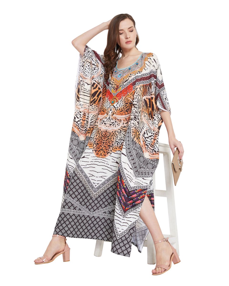 Long Leopard Multicolor Polyester Kaftan For Plus Size Women