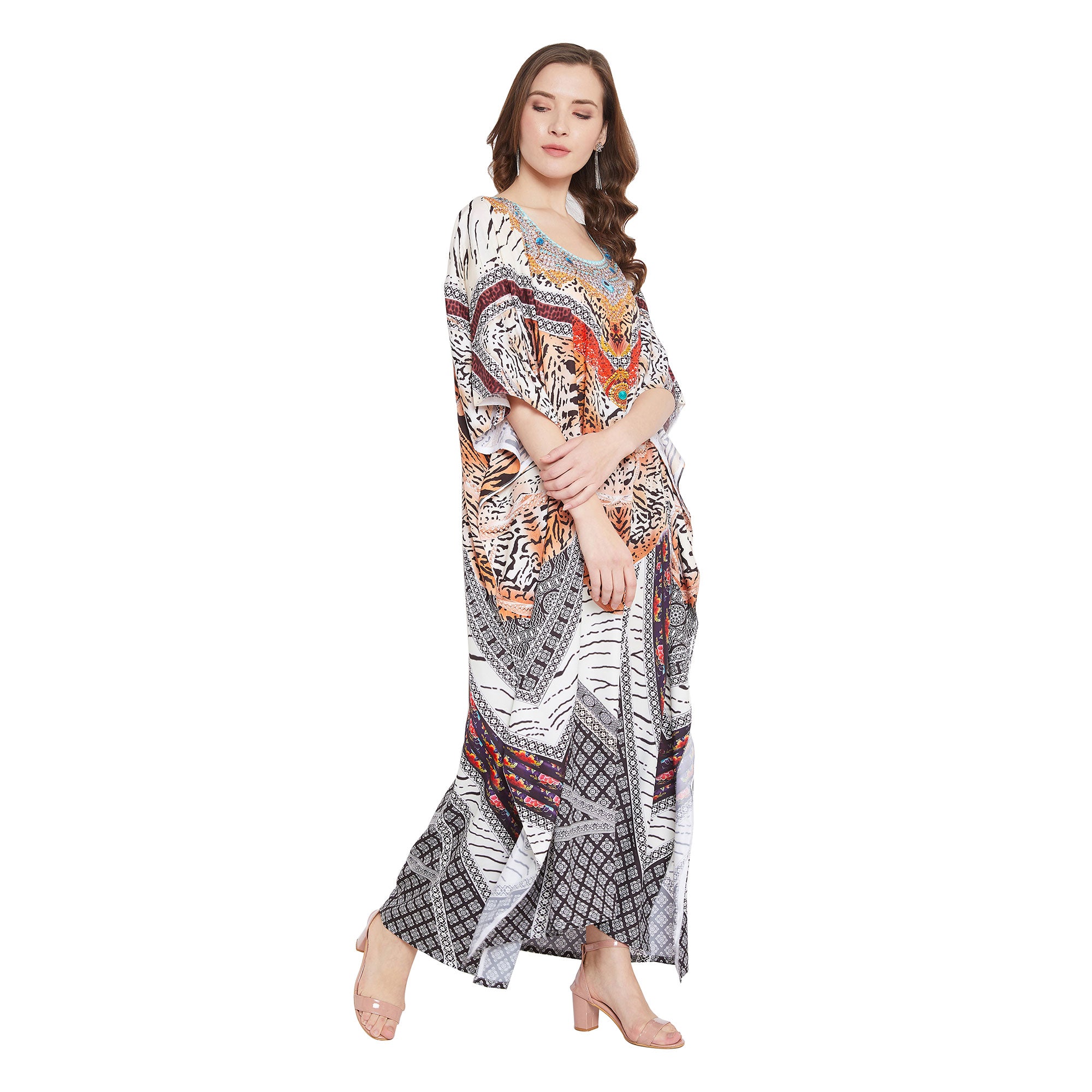 Long Leopard Multicolor Polyester Kaftan For Plus Size Women
