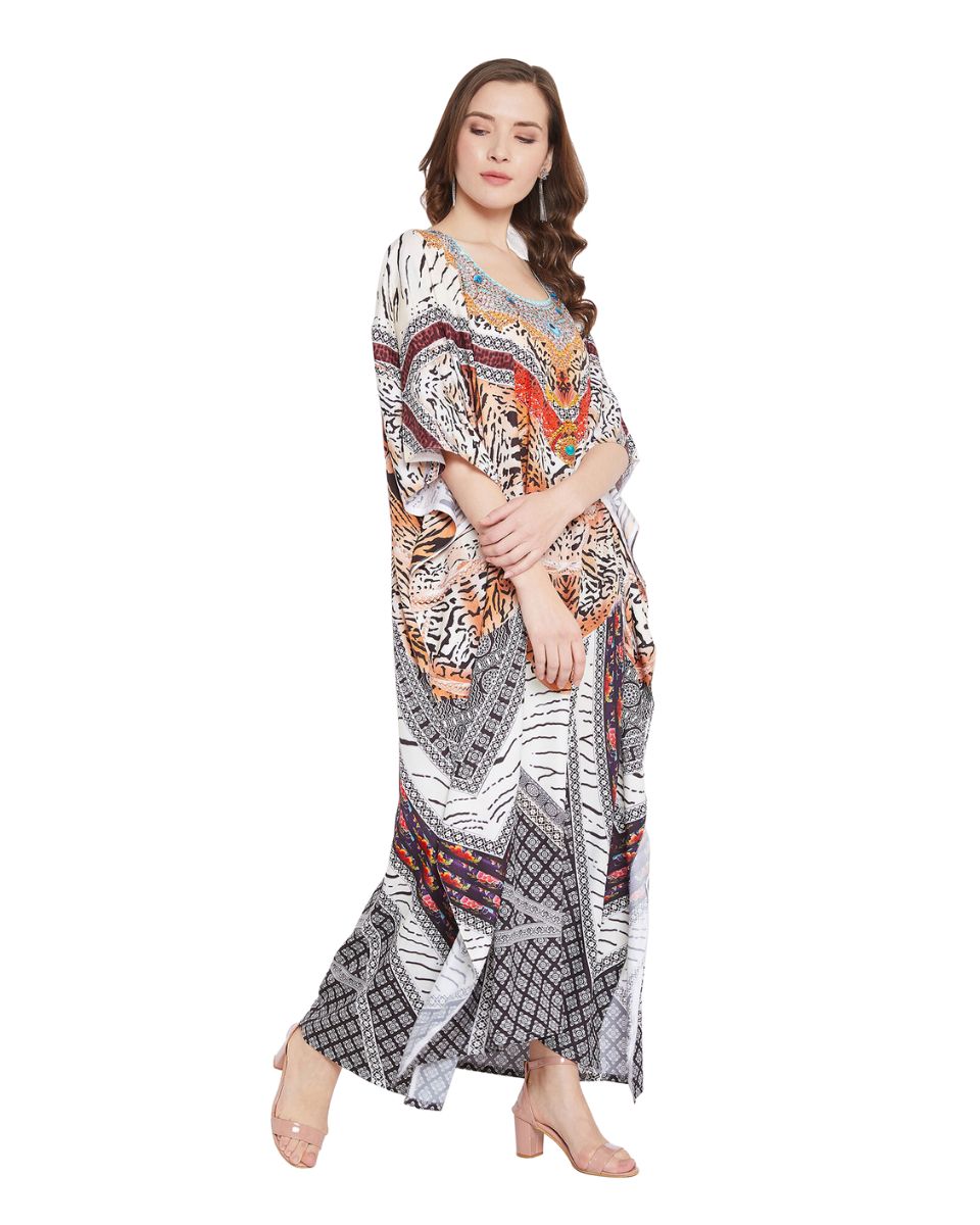 Long Leopard Multicolor Polyester Kaftan For Plus Size Women